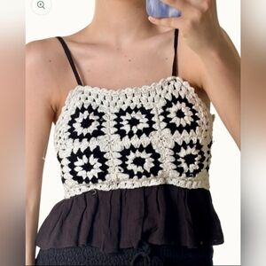 Rebellion Again Women's Cotton/Rayon Crochet Crop Top Black/White L(fits Medium)